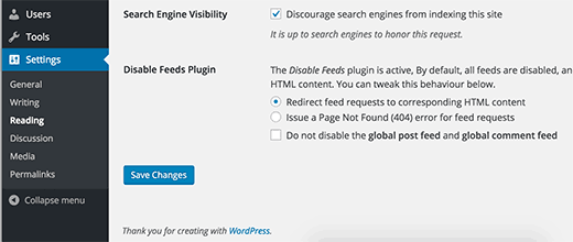 Nonaktifkan plugin Feeds settings 