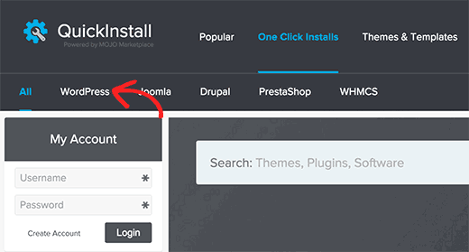 Meluncurkan installer WordPress di QuickInstall 