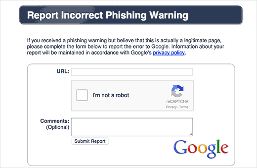 Laporan peringatan phishing yang salah 