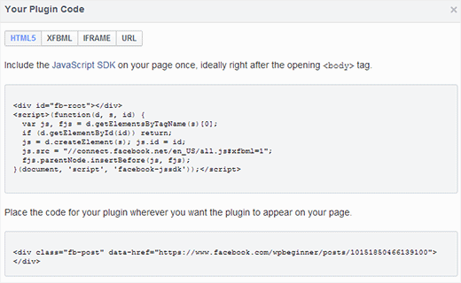 Copy dan paste kode untuk menambahkan Facebook Embed Posts di WordPress 