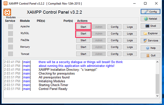 Mulai Apache dan MySQL 