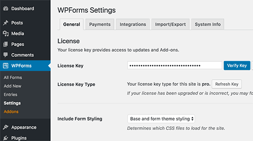 Tambahkan kunci Lisensi WPForms Anda 