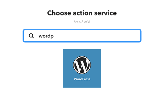 Pilih WordPress sebagai layanan tindakan 