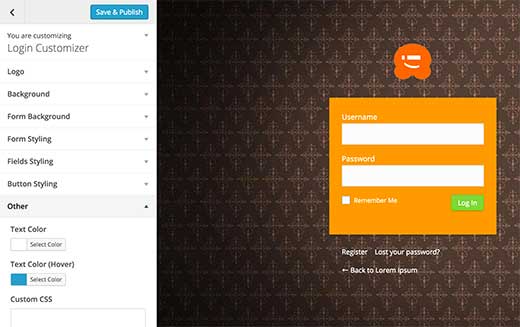 Custom Customizer Halaman Login 