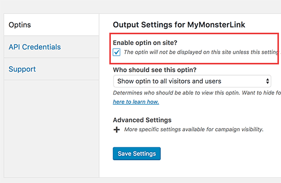 Aktifkan optin di situs Anda 