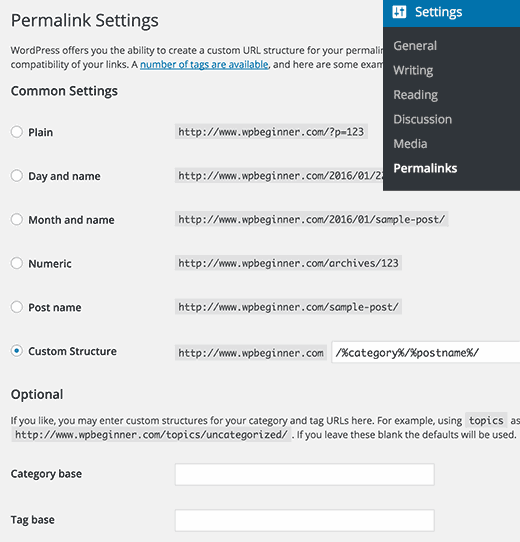 Halaman pengaturan Permalink di WordPress 