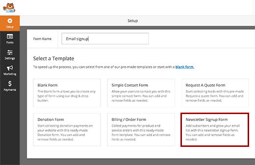 Menambahkan Formulir Pendaftaran Newsletter baru di WPForms 