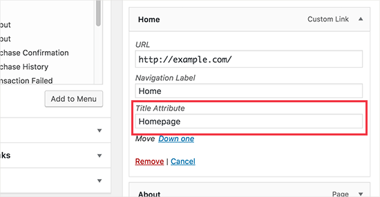 Tambahkan atribut judul ke item menu 