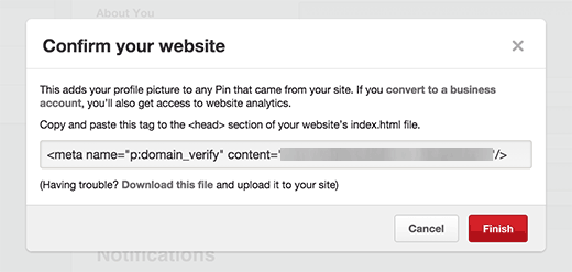 Kode verifikasi Pinterest untuk situs WordPress anda 