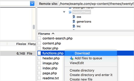 Mengunduh file functions.php untuk diedit 