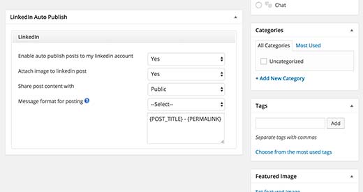 Kotak meta Linkedin Auto Publish pada layar edit posting di WordPress 