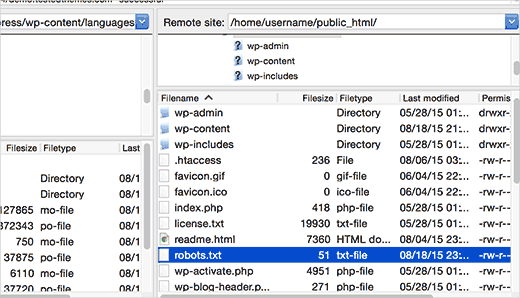 Menemukan file robots.txt di situs WordPress menggunakan klien FTP 