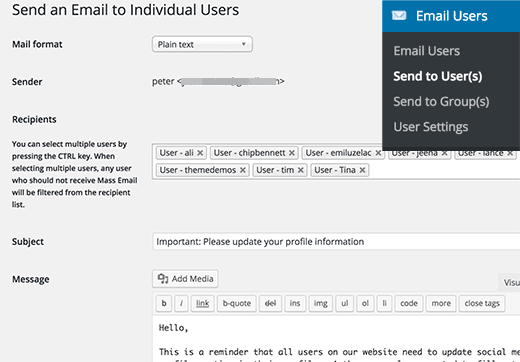 Mengirim email ke individu atau semua pengguna di situs Anda 
