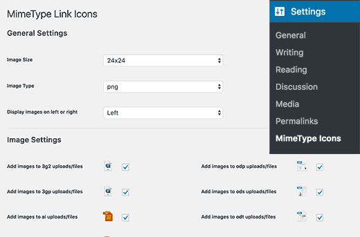 Pengaturan ikon Link MimeType 