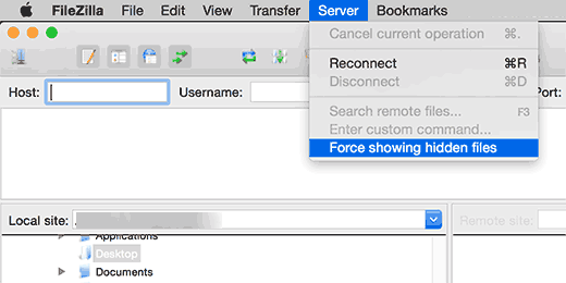 Tampilkan file yang tersembunyi di Filezilla 