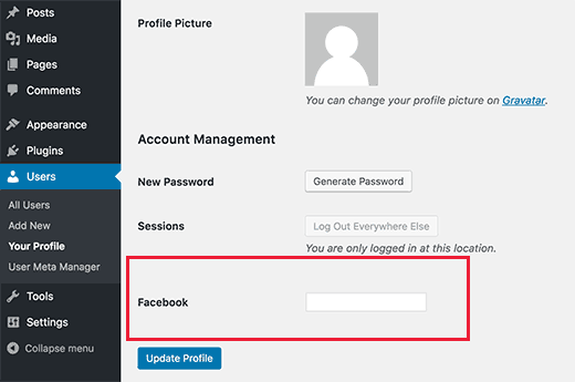 Bidang profil pengguna khusus untuk menambahkan URL profil Facebook 