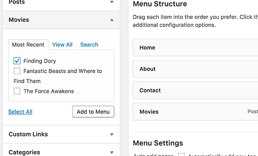 Menambahkan item tunggal dari jenis posting ke menu navigasi 