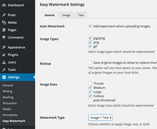 Pengaturan plugin Easy Watermark 