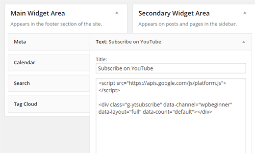 Kode tombol berlangganan YouTube disisipkan dalam widget teks 