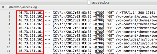 Alamat IP di file log akses 