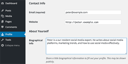 Pengguna mengedit profil mereka sendiri di WordPress 