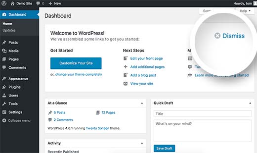 Tutup panel pembuka di dasbor WordPress 