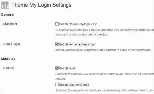 Theme My Login settings page 