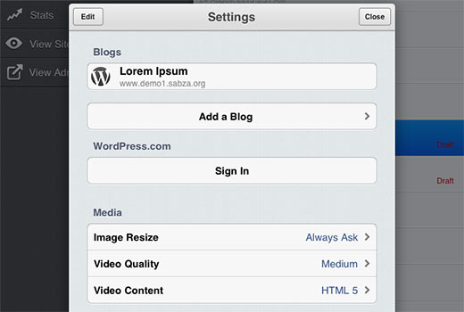 Setting layar di WordPress App untuk iPhone atau iPad 