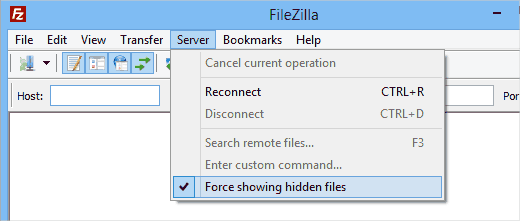 Angkatan menunjukkan file tersembunyi di Filezilla FTP client 