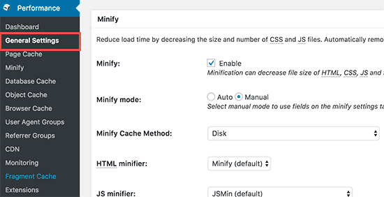 W3 Total Cache memungkinkan minify 