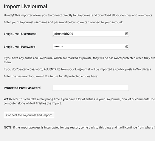 Pengaturan Importir LiveJournal 