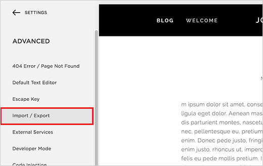 Menu Import / Export di Squarespace 