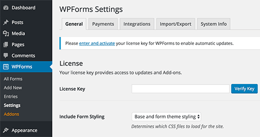 Menambahkan kunci lisensi WPForms 