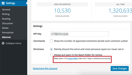 Comment spam delete schedule ditampilkan di setting Akismet 