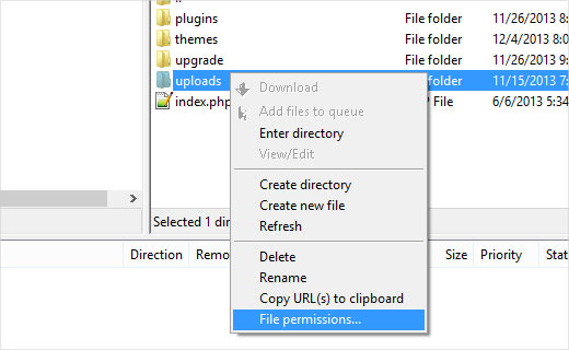 Membuka File Permissions kotak dialog di Filezilla FTP Client 